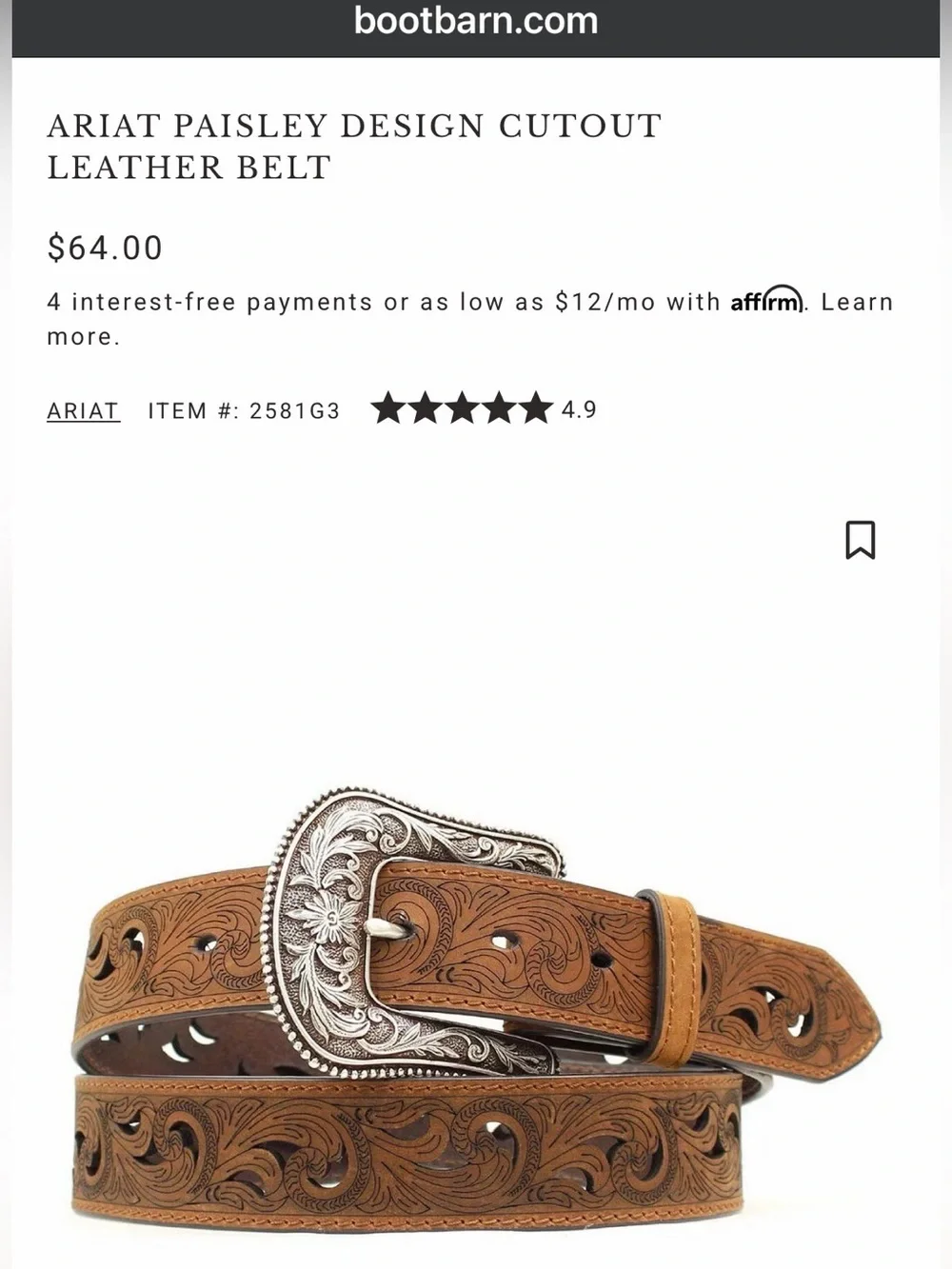 Ariat Paisley Design Cutout Leather Belt, Size L